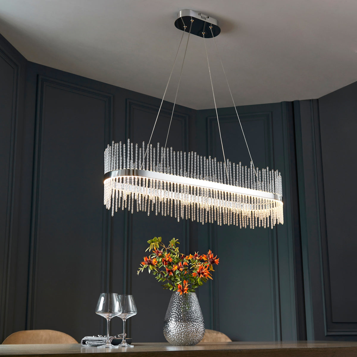 Gallery Direct Avignon Linear Pendant Light Chrome, styled in a room setting
