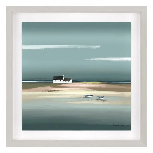 Gallery Direct Azure Framed Artwork by artist Ulyana Hammond features a shoreline view or cottages and boats in soft coastal colours and framed in a soft grey wood effect square frame