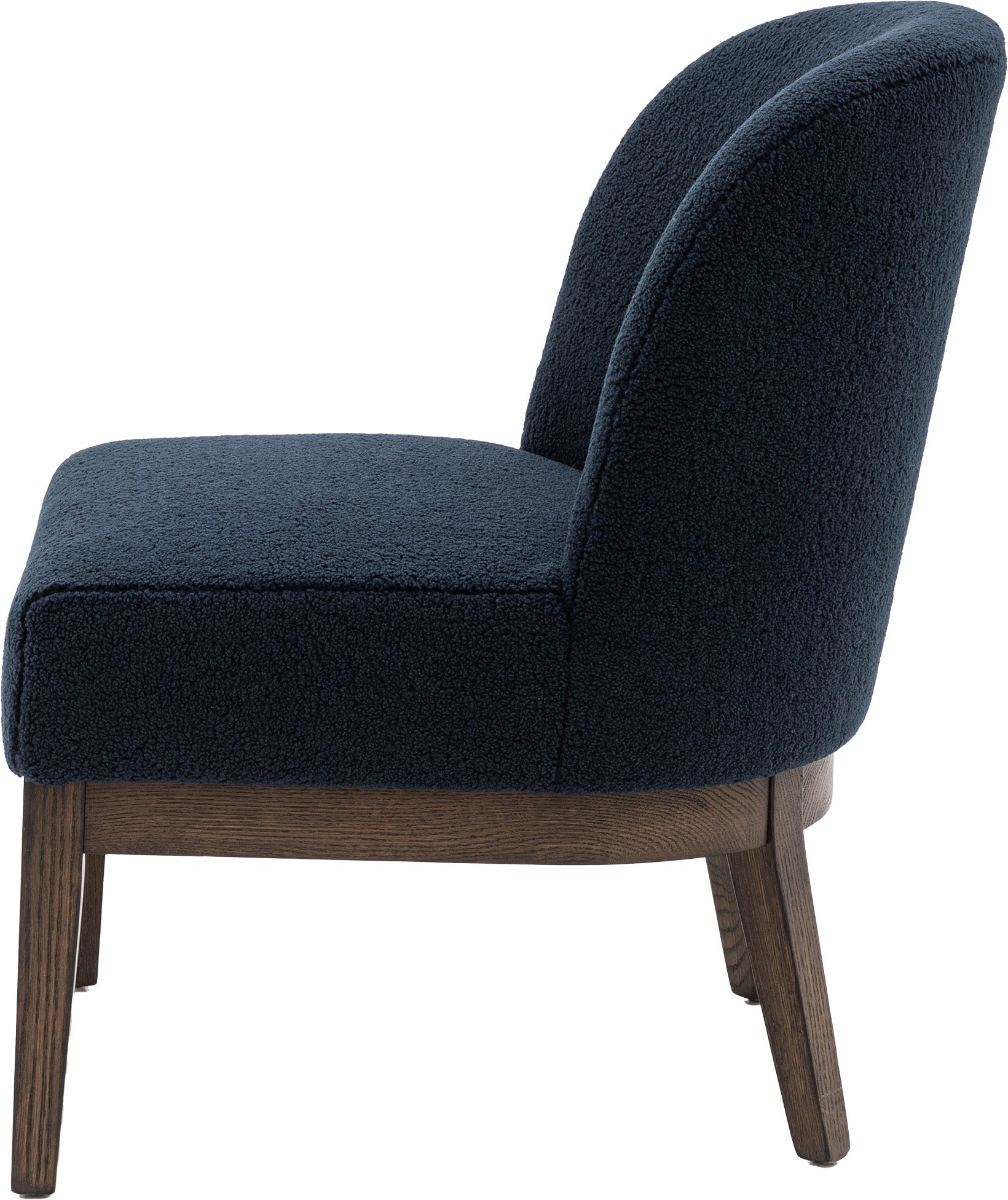 Gallery Direct Bardfield Accent Chair Upholstered in a deep Blue boucle style fabric with dark oak wooden frame and legs