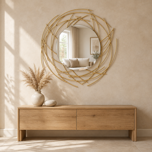 Gallery Direct Barking Mirror Gold above an oak console in a neutral interior