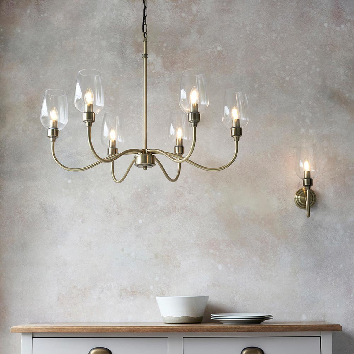 Gallery Direct Beaumont 6 Pendant Light Antique Brass, styled in a room setting