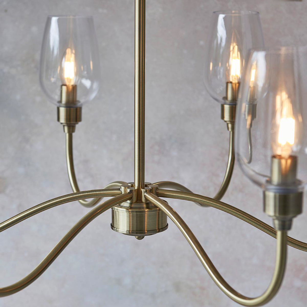Gallery Direct Beaumont 6 Pendant Light Antique Brass, close-up of the finish and design