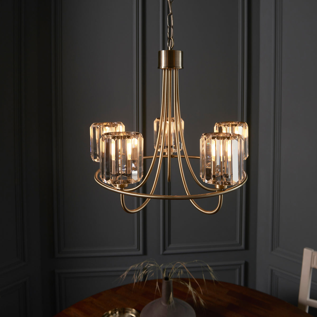 Gallery Direct Berenice 5 Pendant Light Antique Brass, styled in a room setting