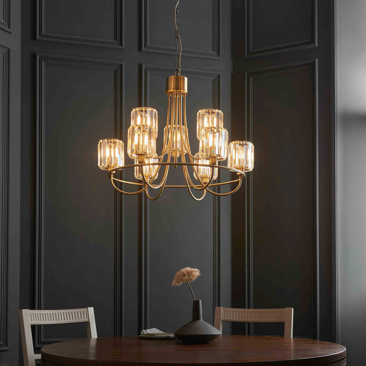 Gallery Direct Berenice 9 Tiered Pendant Light Antique Brass, styled in a room setting