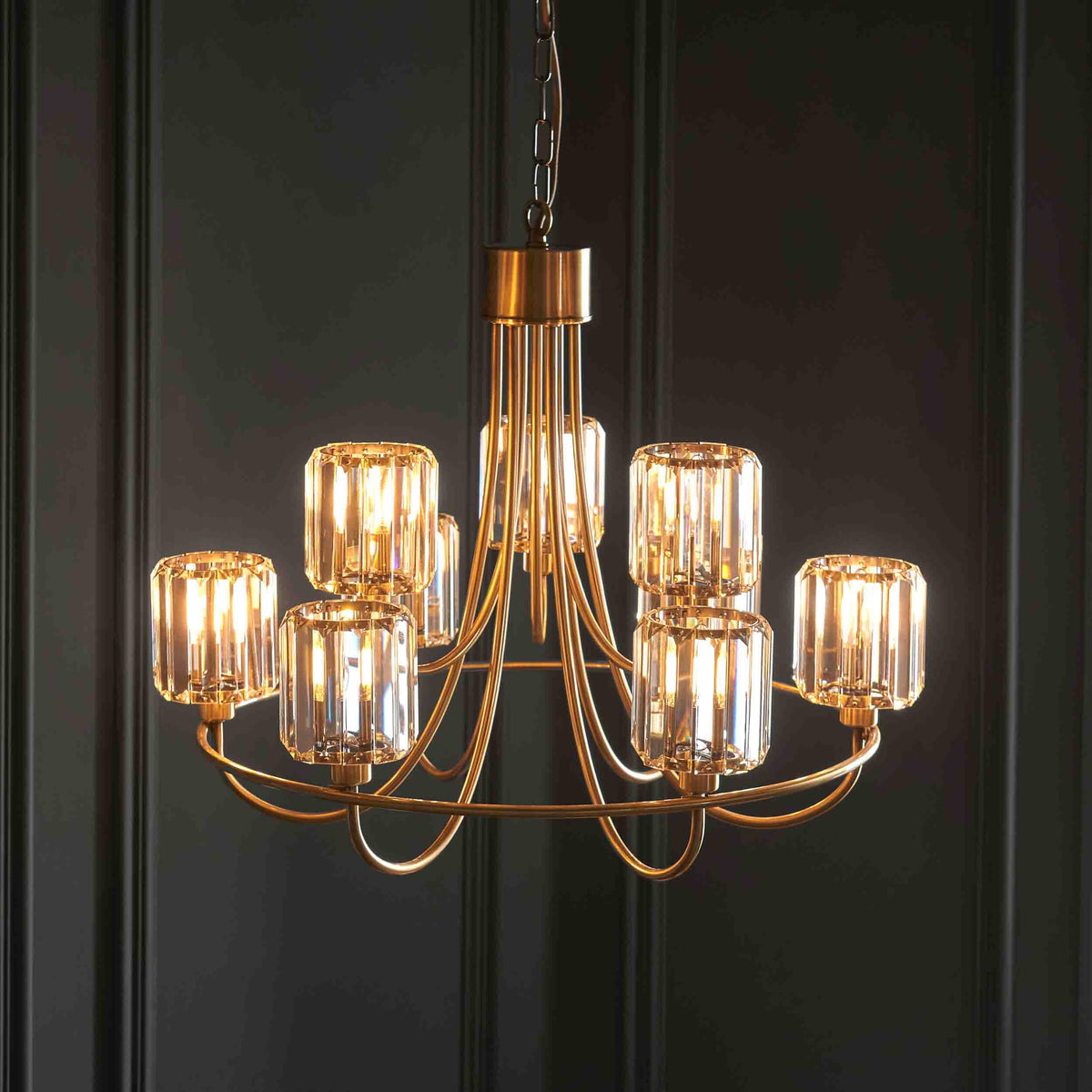 Gallery Direct Berenice 9 Tiered Pendant Light Antique Brass, styled in a room setting