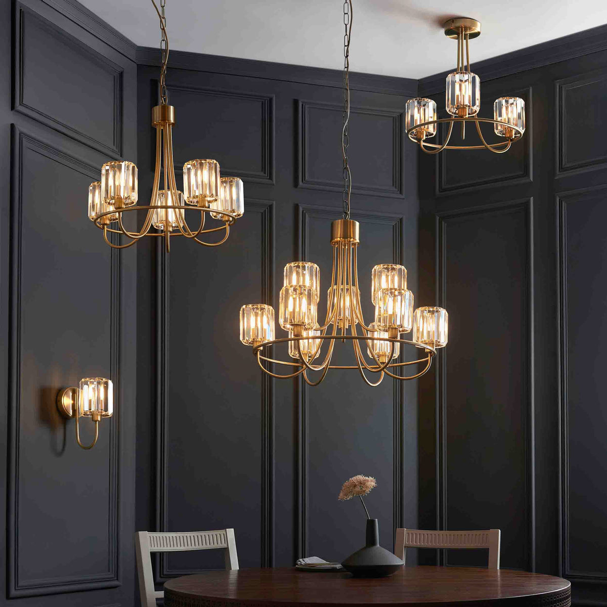 Gallery Direct Berenice 9 Tiered Pendant Light Antique Brass, styled in a room setting