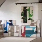 Gallery Direct Betong Abstract Framed Canvas features a neutral palette of contemporary geometric shapes framed in a complimentary dark wood frame