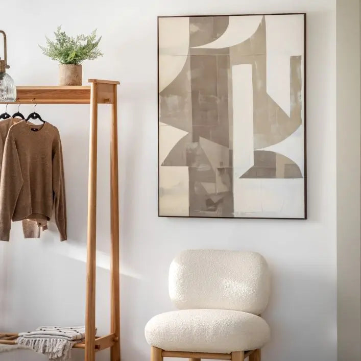 Gallery Direct Betong Abstract Framed Canvas artwork in a neutral palette colourway with a complementary plain dark wood frame