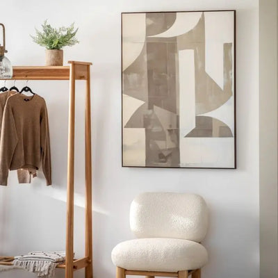 Gallery Direct Betong Abstract Framed Canvas artwork in a neutral palette colourway with a complementary plain dark wood frame