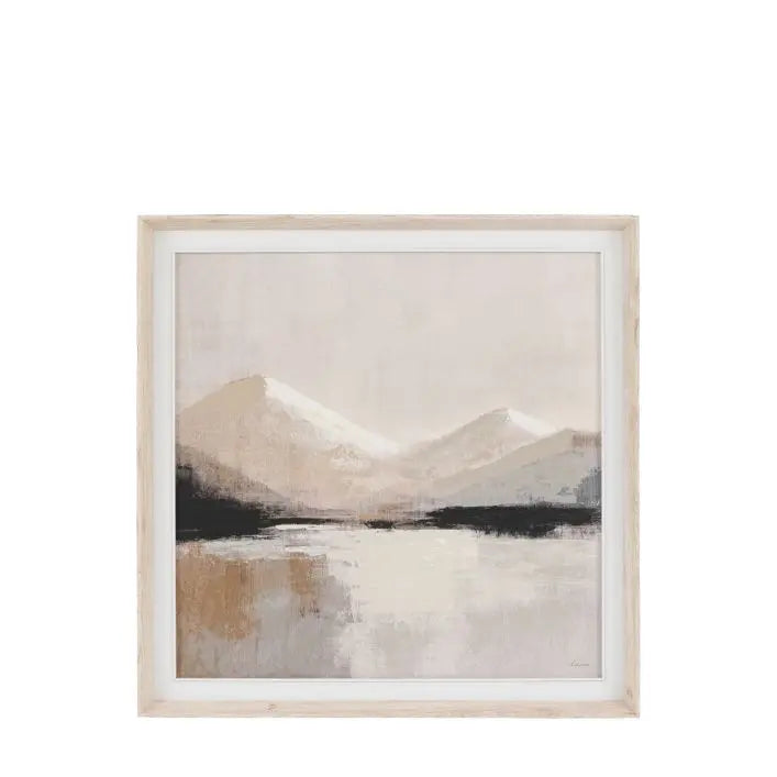 Gallery Direct Beyond the Pale Framed Canvas features a mountain wilderness with soft mist peaks and a neutral colour square wood frame
