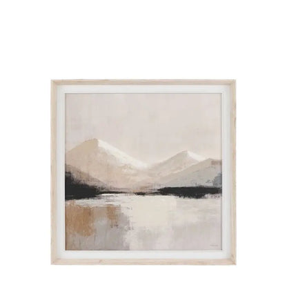 Gallery Direct Beyond the Pale Framed Canvas features a mountain wilderness with soft mist peaks and a neutral colour square wood frame