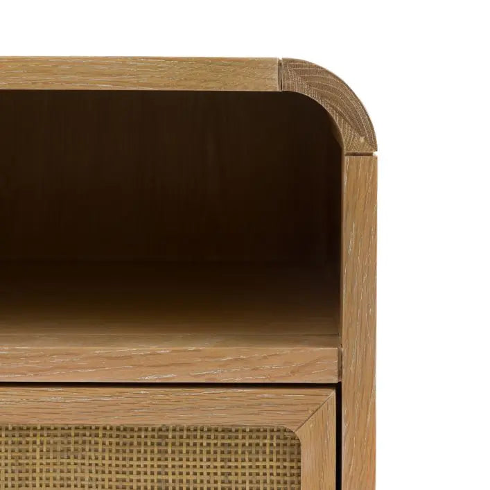 Gallery Direct Bibury 1 Drawer Bedside cabinet features gently curved edges with a shelf and rattan detailing to the drawer front
