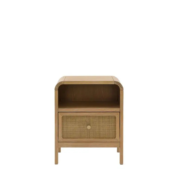 Gallery Direct Bibury 1 Drawer Bedside table features 1 drawer with rattan detail to the front and 1 upper shelf for extra storage