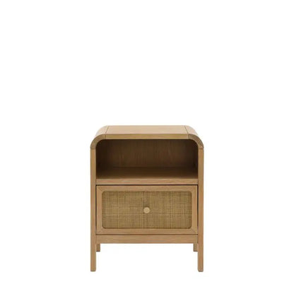 Gallery Direct Bibury 1 Drawer Bedside table features 1 drawer with rattan detail to the front and 1 upper shelf for extra storage