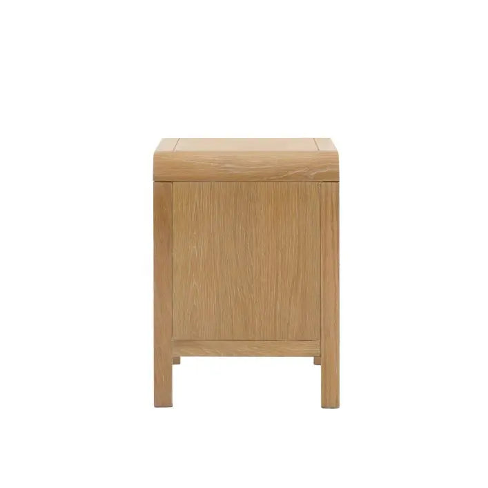 Gallery Direct Bibury 1 Drawer Bedside cabinet is constructed from oak and pine wood and veneers, with a soft lime washed finish and gently curved edges to the table top