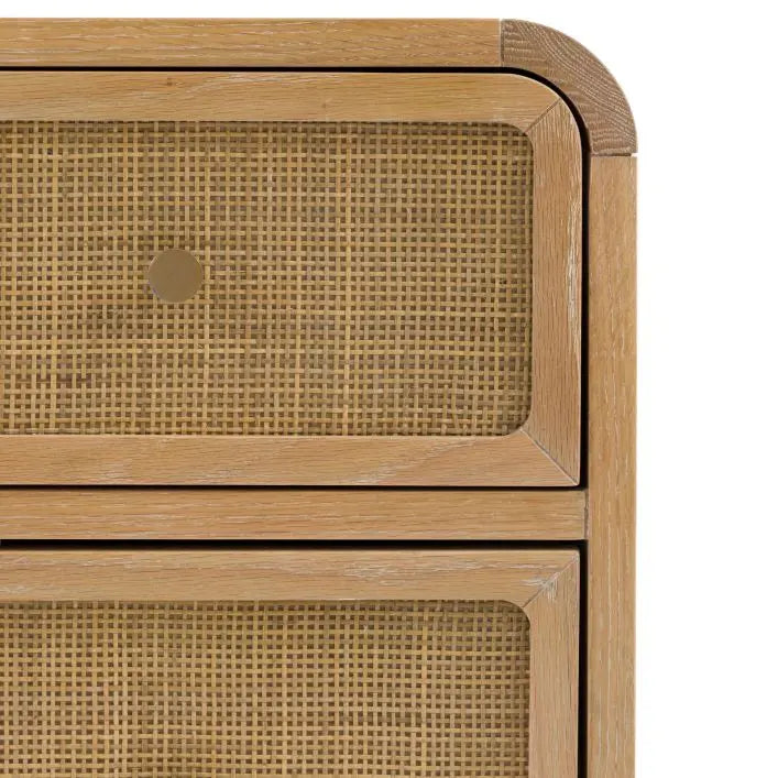 Gallery Direct Bibury 3 Drawer Chest with rattan detail drawer fronts and bronzed metal handles, in a soft lime wash finished frame
