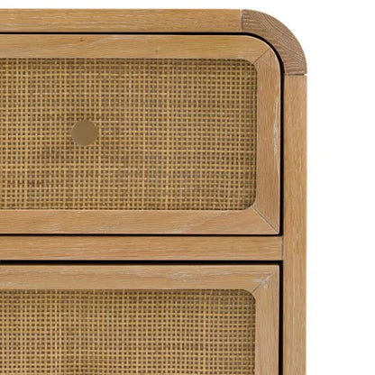 Gallery Direct Bibury 3 Drawer Chest with rattan detail drawer fronts and bronzed metal handles, in a soft lime wash finished frame