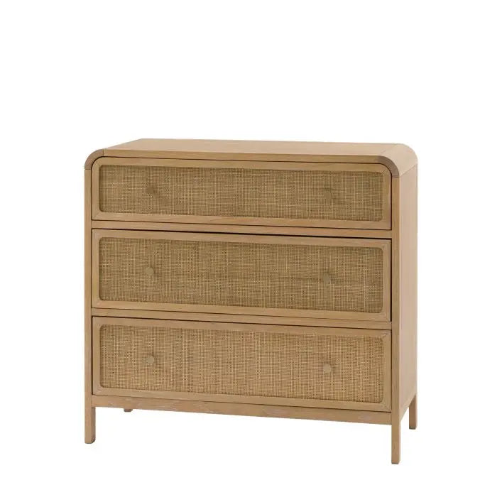 Gallery Direct Bibury Bedroom Chest features 3 storage drawers with rattan detail on the drawer fronts and bronzed metal handles
