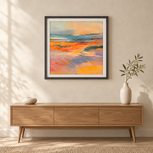 Gallery Direct Blazing Framed Canvas above an oak console in a softly lit neutral interior