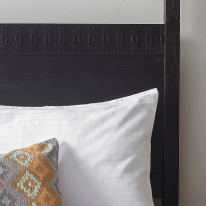 Gallery Direct Boho Boutique 4 Poster 6ft Super King Bed in a matt black charcoal finish with an ethnic inspired inlaid pattern on the headboard