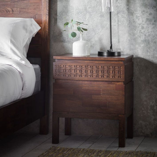 Gallery Direct Boho Bedside Chest in Brown from the Boho Retreat collection features 2 drawers, one with an inlaid ethnic design