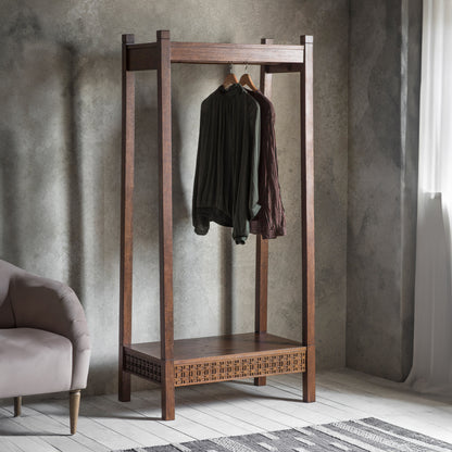 Gallery Direct Boho Retreat Open Wardrobe styled with hanging clothes in a room