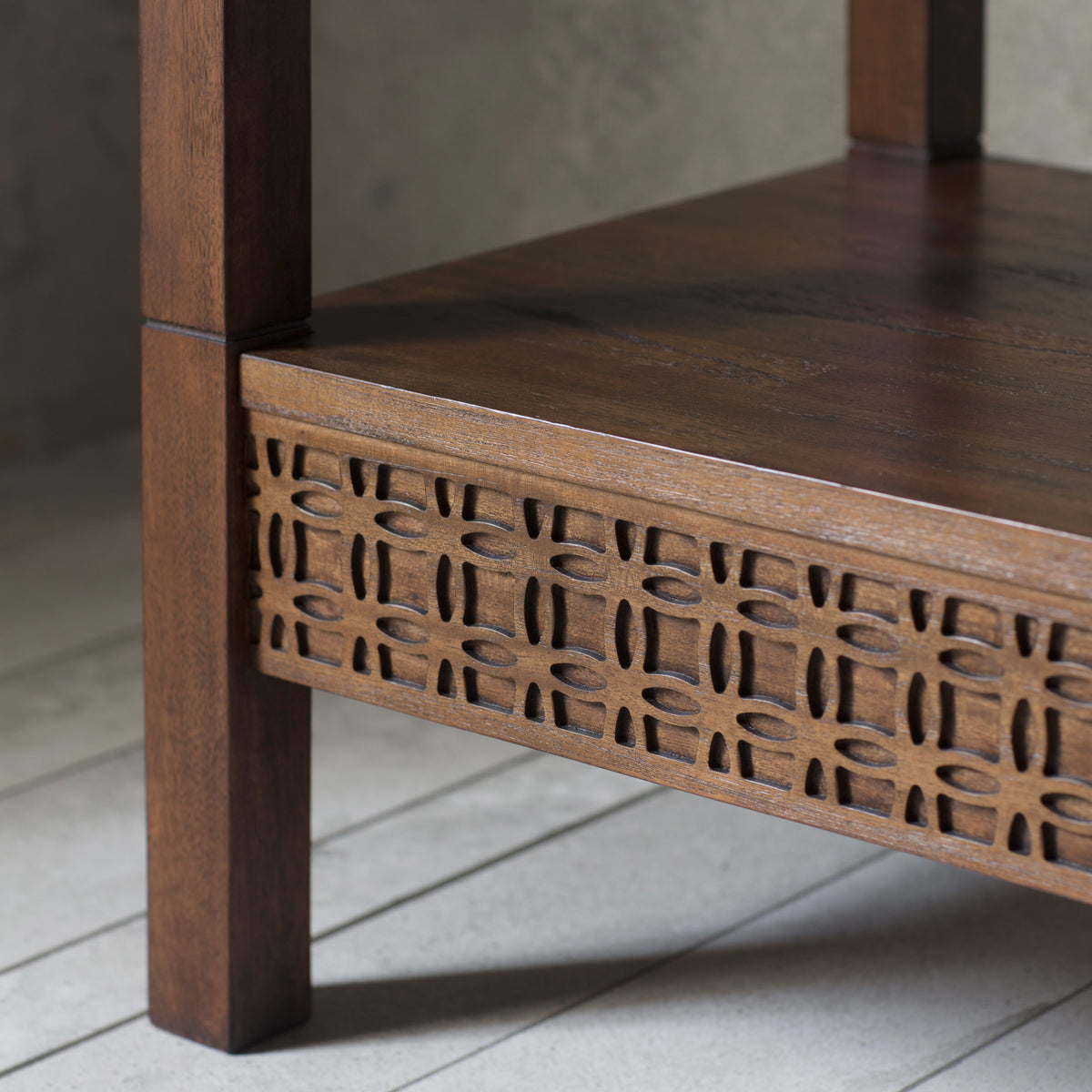 Close-up of the Boho Retreat wardrobe decorative timber shelf