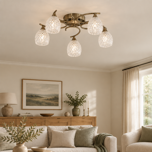 Gallery Direct Boyer 5 Ceiling Lamp Antique Brass installed in a softly lit room