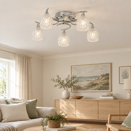 Gallery Direct Boyer 5 Ceiling Lamp Chrome installed in a softly lit room