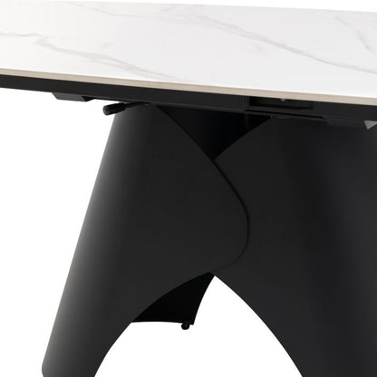 Gallery Direct Bresso Dining Table features a matt black metal base and a marble style ceramic table top