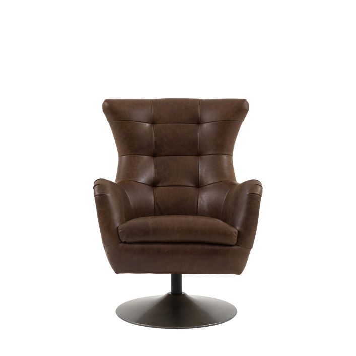The Gallery Direct Bristol Swivel Chair is a sophisticated piece upholstered in Brown Leather with pinch-pleated detail to the high back and armrests, with a bronzed metal round base