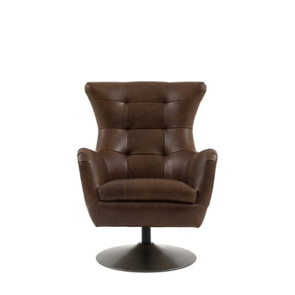 The Gallery Direct Bristol Swivel Chair is a sophisticated piece upholstered in Brown Leather with pinch-pleated detail to the high back and armrests, with a bronzed metal round base