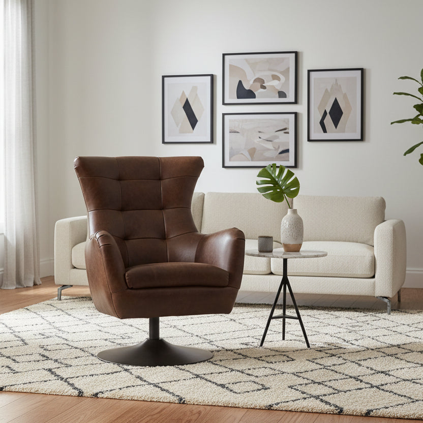 Gallery Direct Bristol Swivel Chair in rich Brown Leather with a bronzed metal base and smooth swivel mechanism