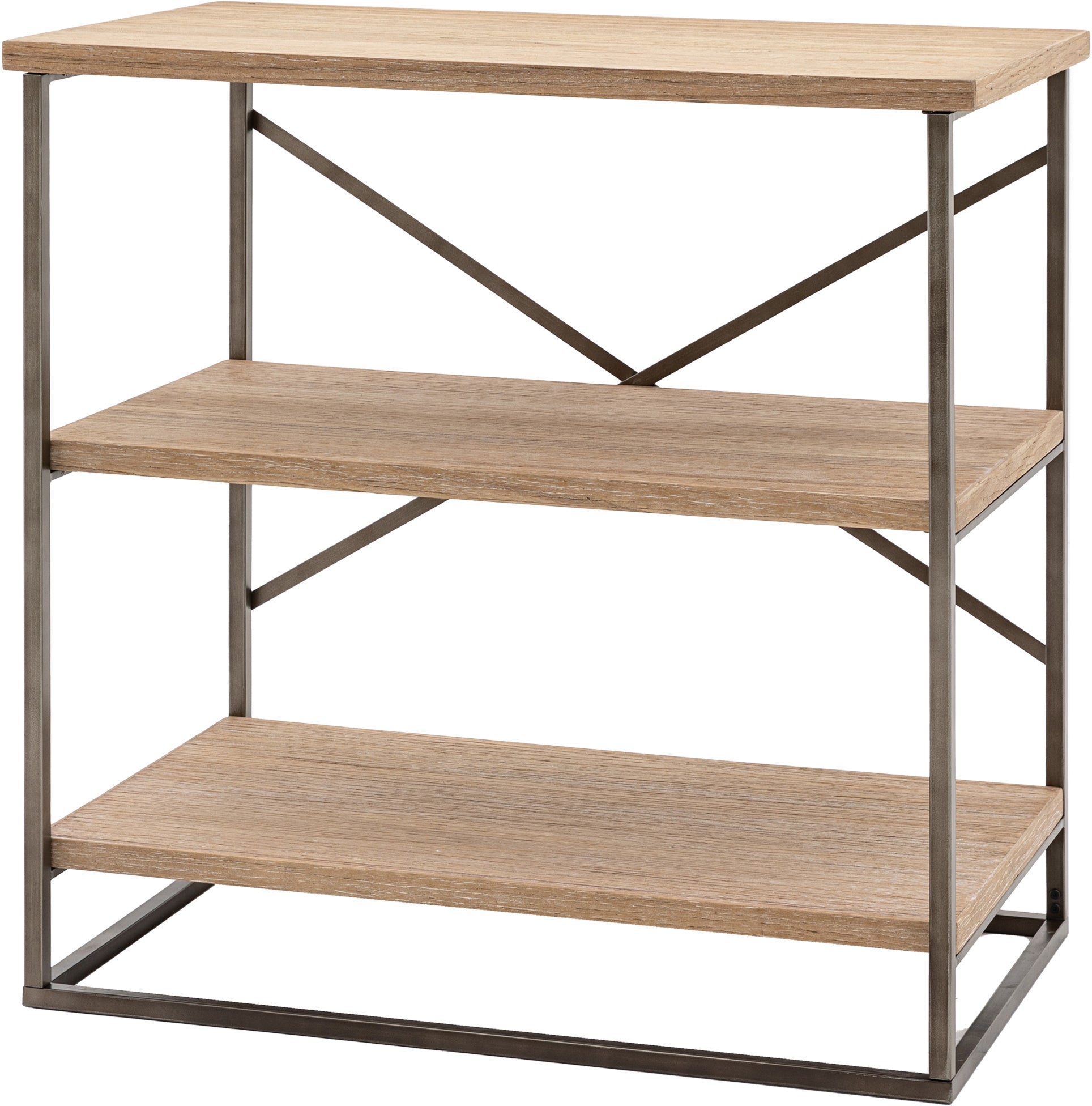 Gallery Direct Brogdale Open Shelving Display Unit features a metal X back frame with a wooden top and 2 lower shelves 