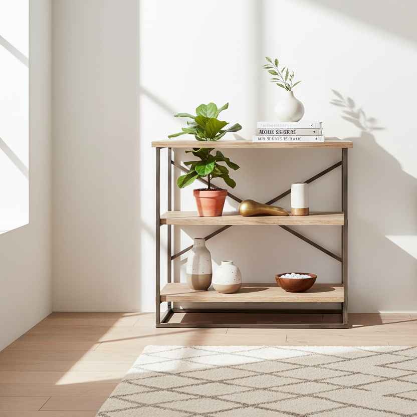Gallery Direct Brogdale Shelving Display Unit constructed from from warm wooden shelves with a black metal frame and X design at the back