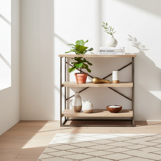 Gallery Direct Brogdale Shelving Display Unit constructed from from warm wooden shelves with a black metal frame and X design at the back