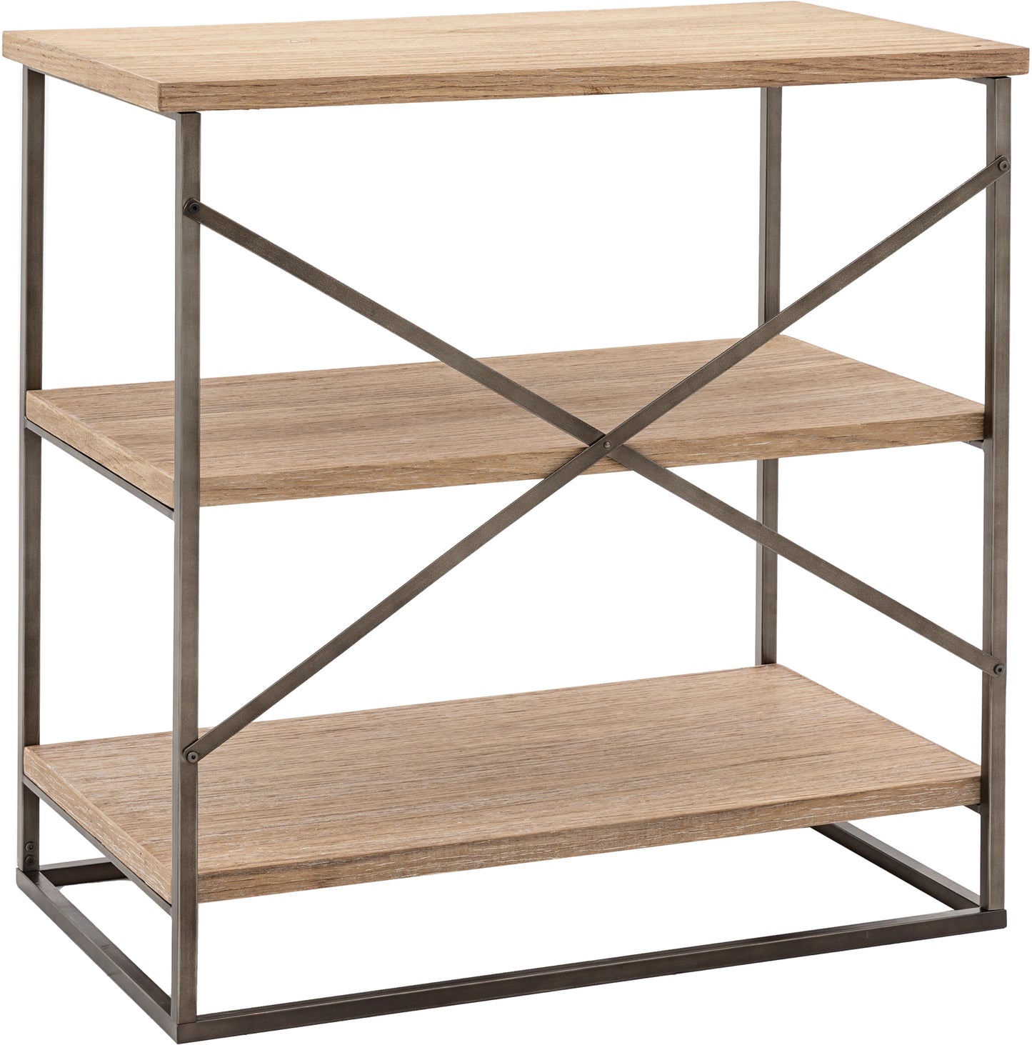 Gallery Direct Brogdale Open Shelving Display Unit constructed from a metal frame with X back design and warm wooden shelving