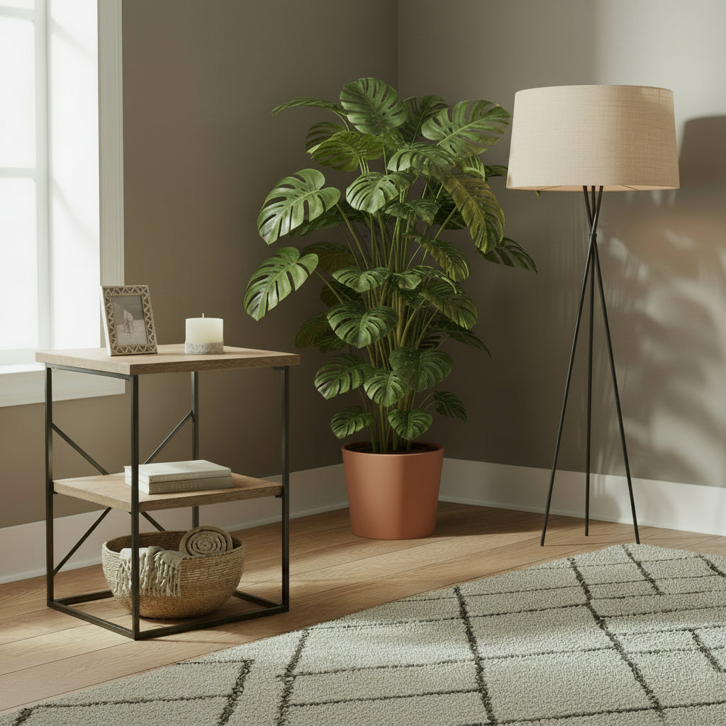 Gallery Direct Brogdale Side Table features a square table top with a middle shelf, in a metal frame with X design on the back
