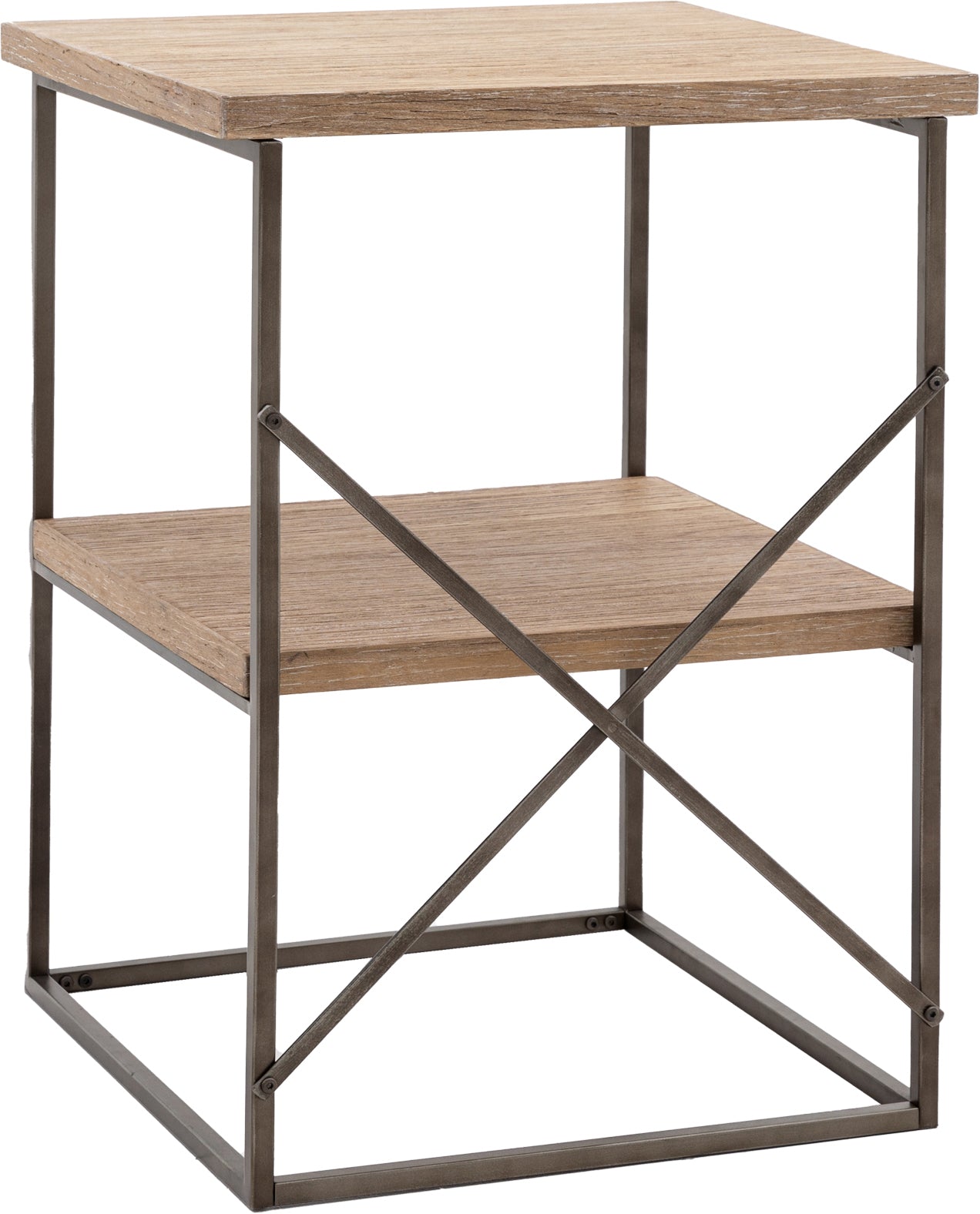 Gallery Direct Brogdale Side Table features a square wooden table top and shelf, a metal frame with X design at the back