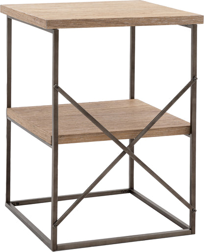 Gallery Direct Brogdale Side Table features a square wooden table top and shelf, a metal frame with X design at the back