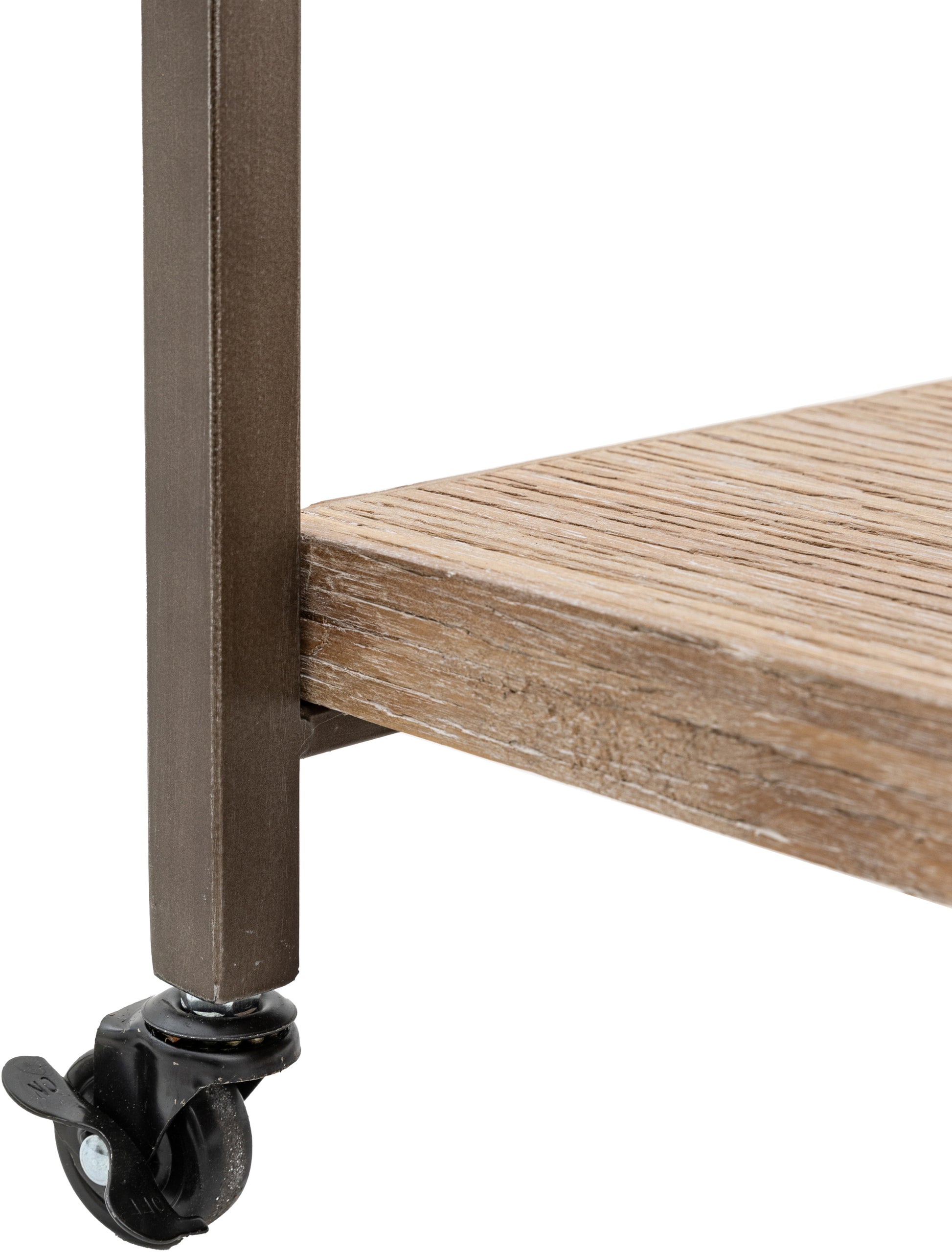 Gallery Direct Brogdale Tall Shelving Display Unit features a metal frame with wooden shelves and castors to the legs