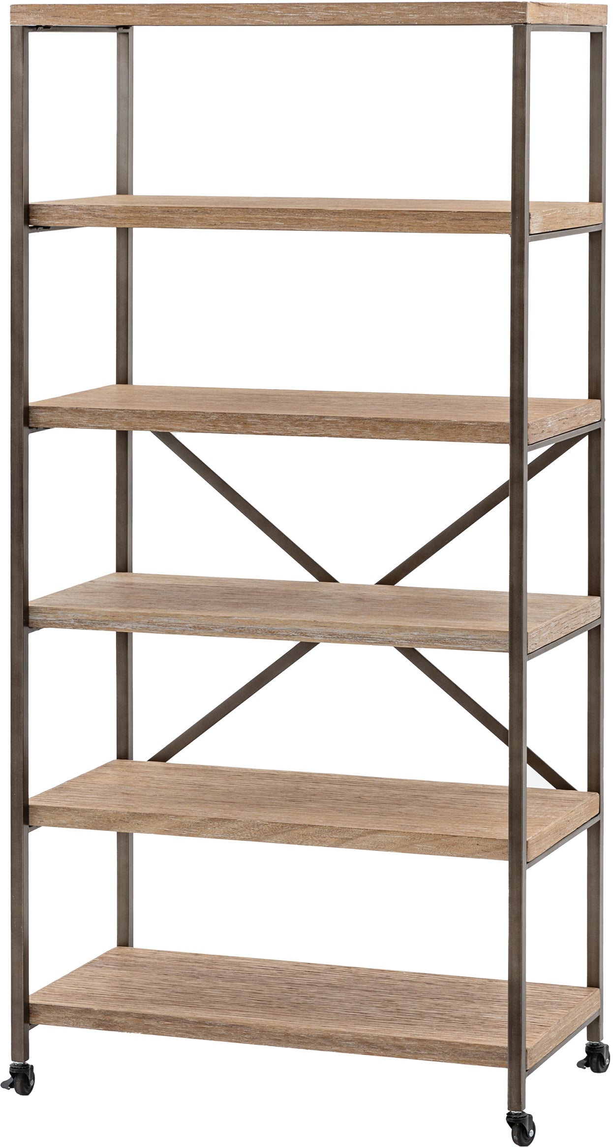 Gallery Direct Brogdale Tall Narrow Shelving Display Unit features 5 wooden shelves in a metal frame, with castors on the feet for easy manoeuvrability 