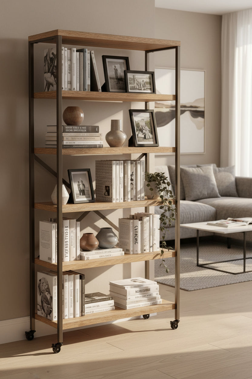 Gallery Direct Brogdale Tall and Narrow Shelving Display Unit is constructed from a sturdy black metal frame with 5 warm wooden shelves and X frame design at the back