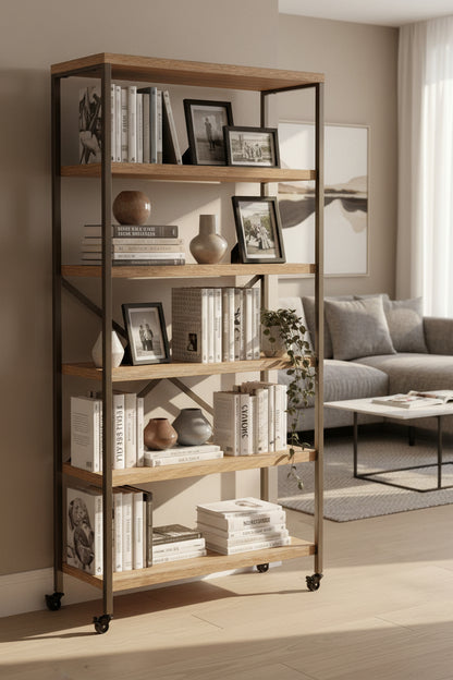 Gallery Direct Brogdale Tall and Narrow Shelving Display Unit is constructed from a sturdy black metal frame with 5 warm wooden shelves and X frame design at the back