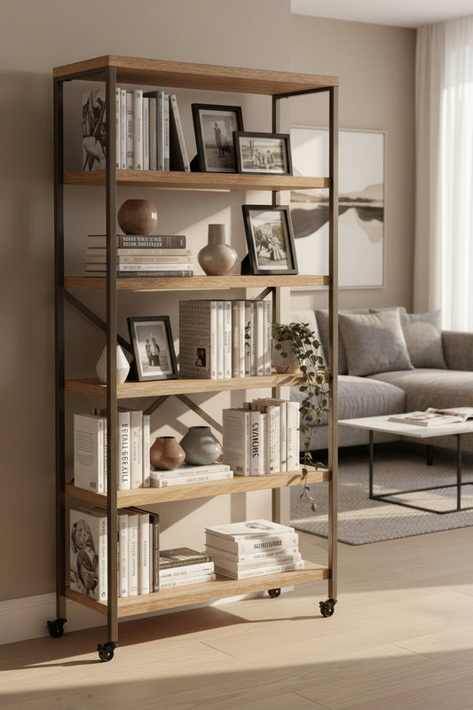 Gallery Direct Brogdale Tall and Narrow Shelving Display Unit is constructed from a sturdy black metal frame with 5 warm wooden shelves and X frame design at the back