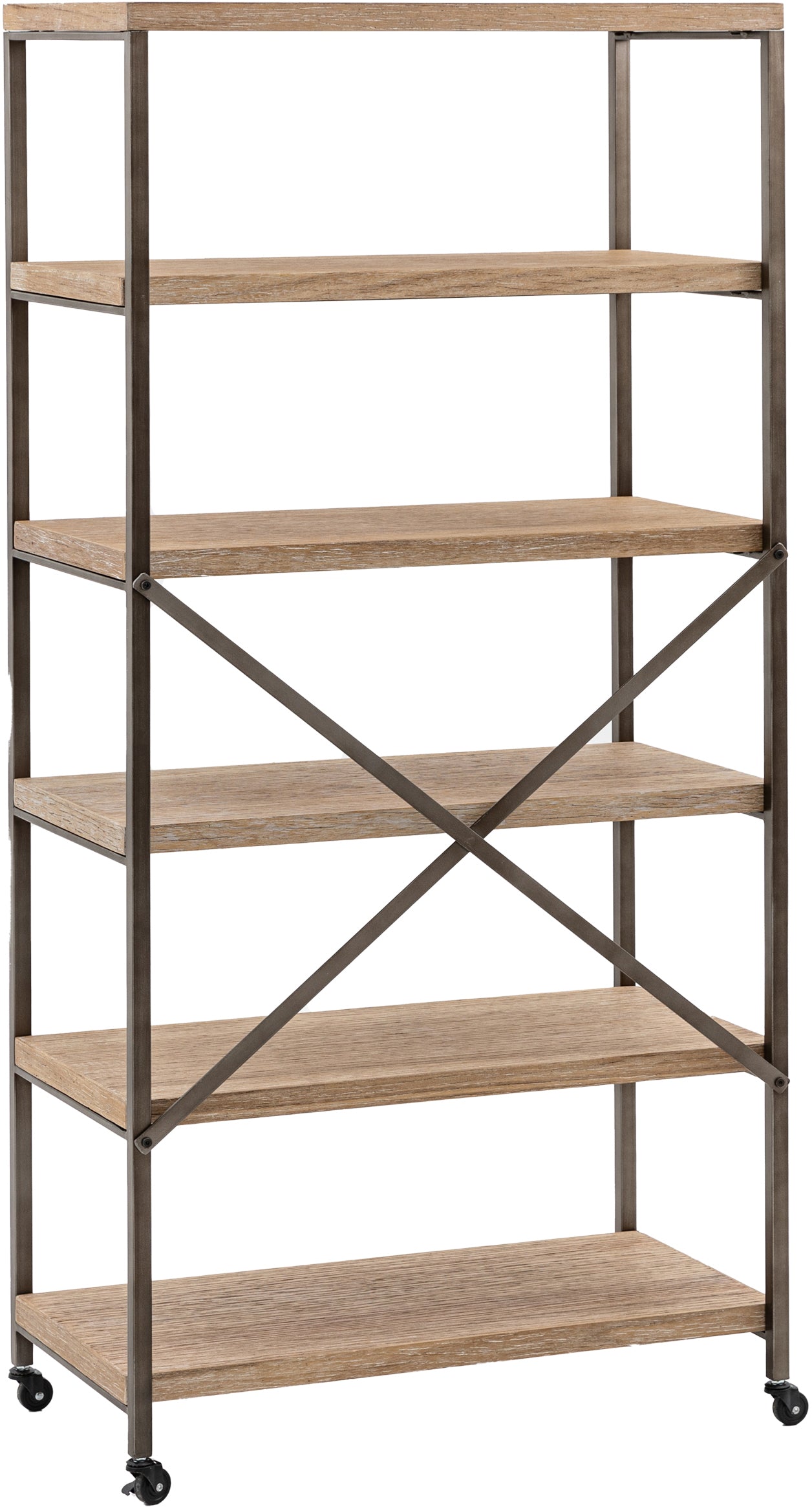 Gallery Direct Brogdale Tall Shelving Display Unit features a metal frame with X design at the back, and 5 wooden shelves