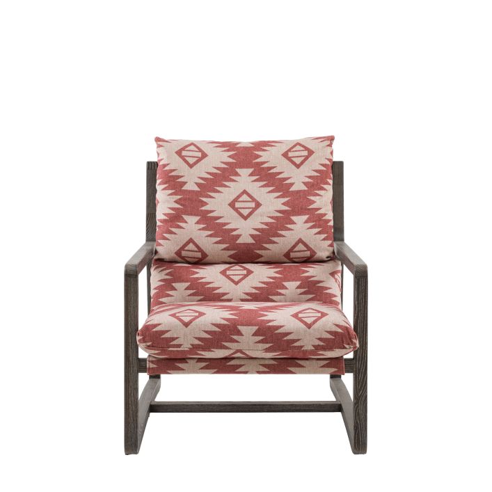 Gallery Direct Burela Lounge Chair in Mira Aztec patterned fabric with a sturdy dark ash wood frame