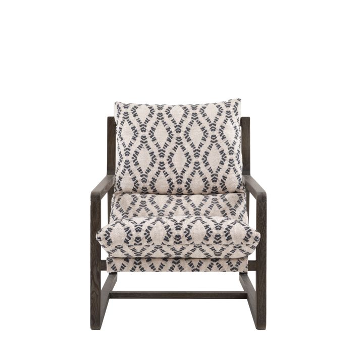 Gallery Direct Burela Lounge Chair in navy/natural colour Obi Diamond patterned fabric, with a rich dark ash wood frame