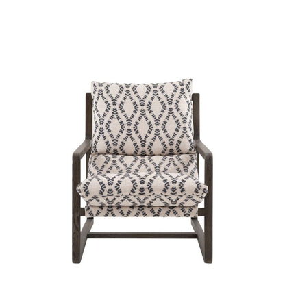 Gallery Direct Burela Lounge Chair in navy/natural colour Obi Diamond patterned fabric, with a rich dark ash wood frame