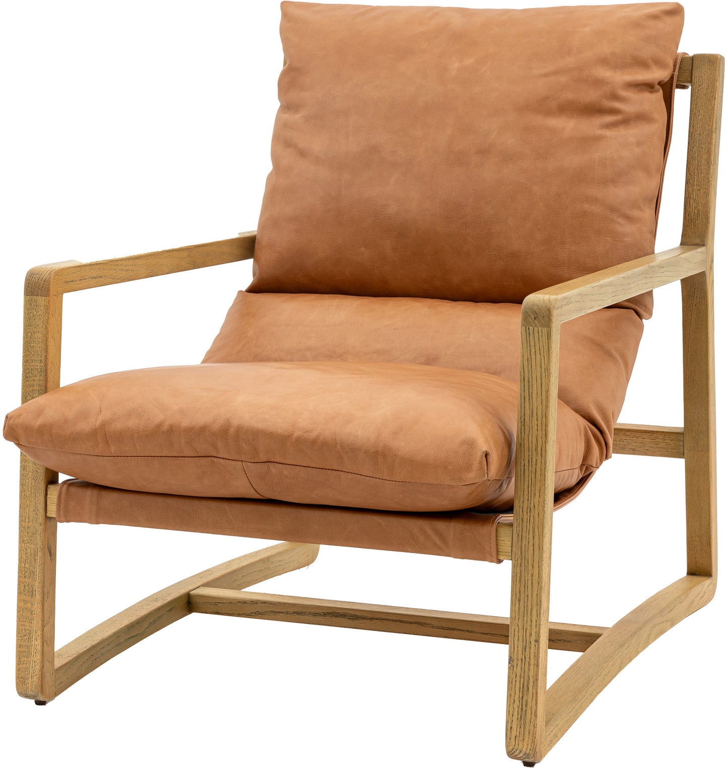 The Gallery Direct Burela Lounge Chair features a padded seat cushion in Vintage Brown Leather, with a sturdy ash wood frame